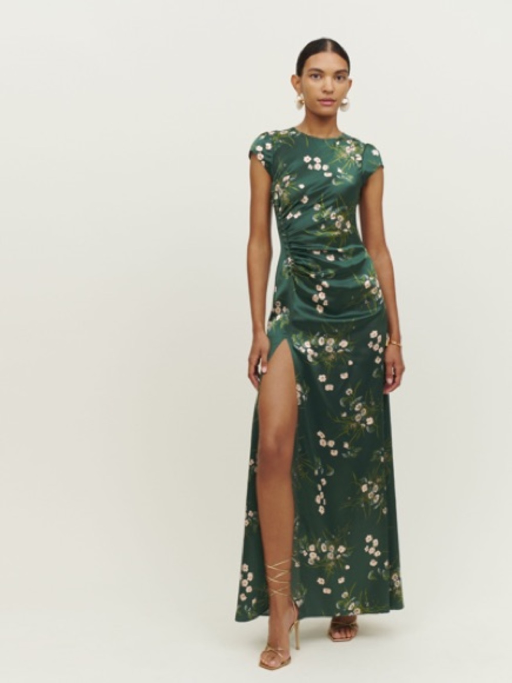 Reformation Birch Silk Deep Green Floral Satin Cap-Sleeve Maxi Dress